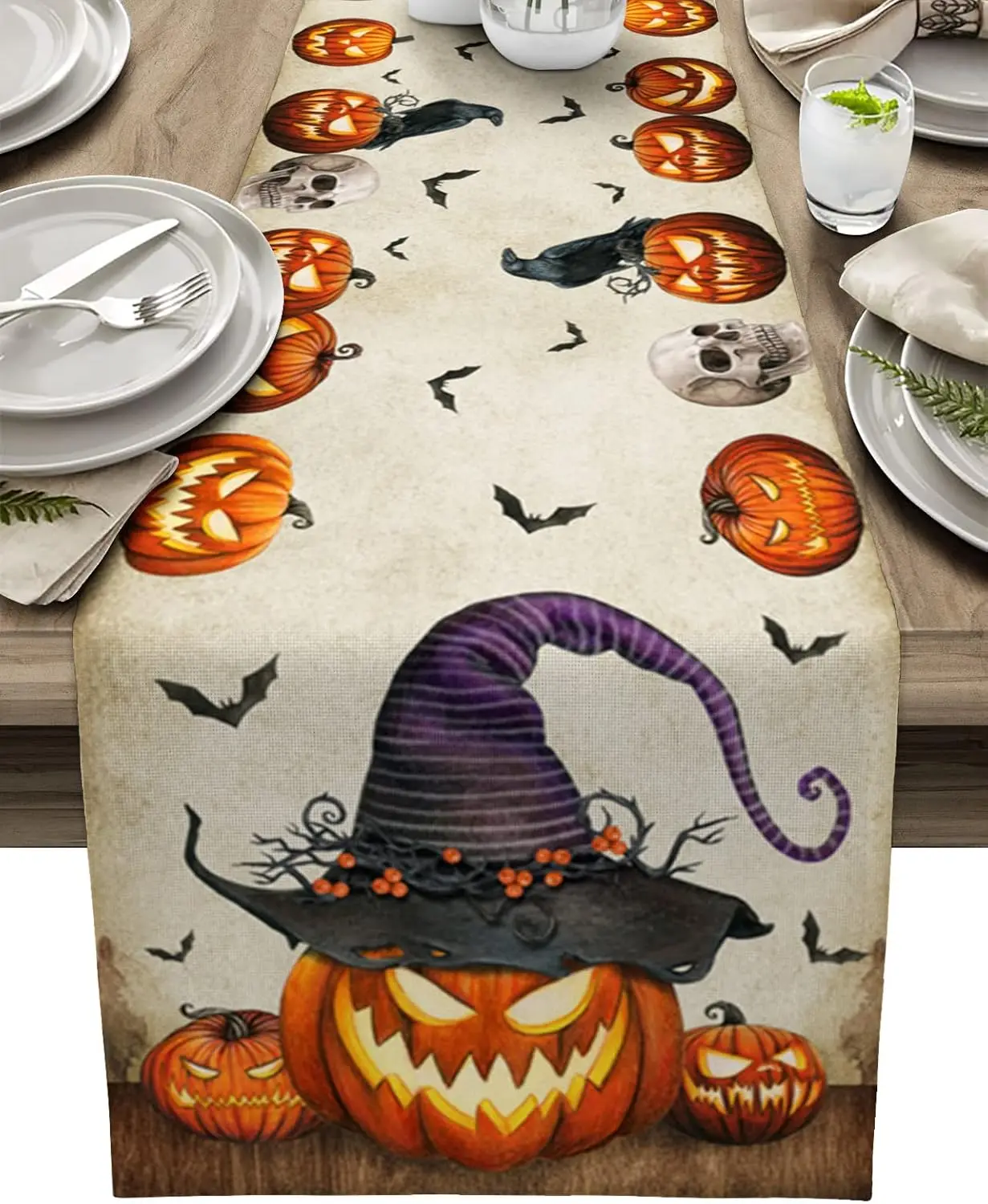 Halloween Horror Pumpkin Bat Linen Table Runner Holiday Party Decor Reusable Kitchen Dining Table Runner Halloween Decorations