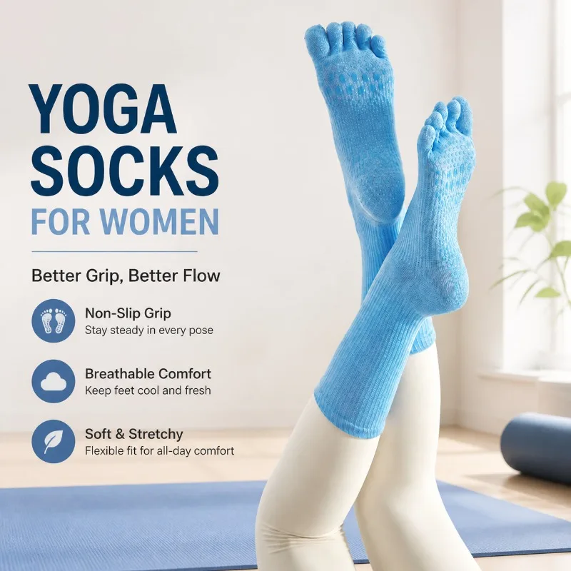 

Solid Color Five Toe Yoga Socks Pure Cotton Non Slip Mid Calf Stockings Professional Breathable Calf Socks Ideal for Pilates