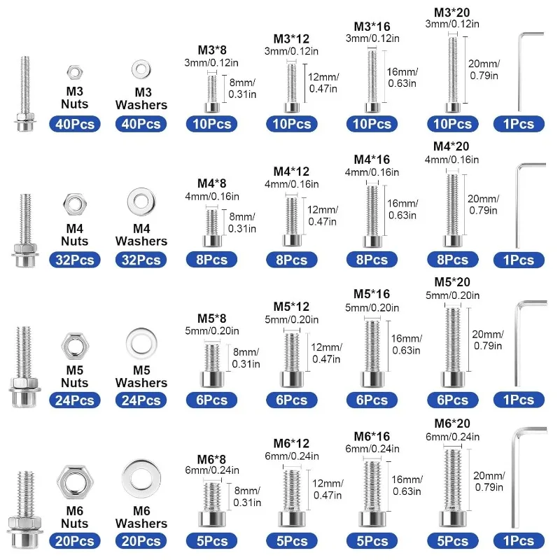 352x Socket Cap Head Hex Bolts and Nuts Assorted Set Stainless Steel Allen Screw Kit