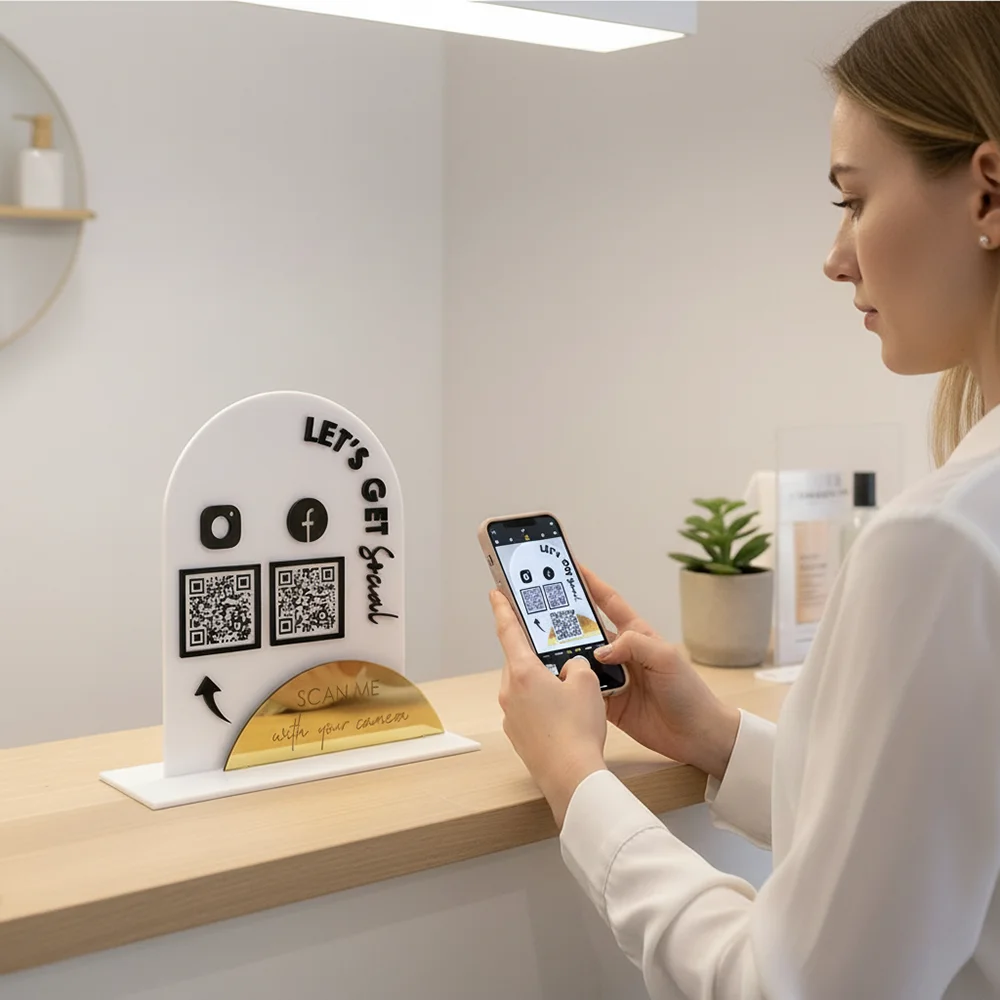 Custom Luxury Arched Acrylic Desktop Business Card Display QR Code Payment Information Collector Suitable for Boutique Stores