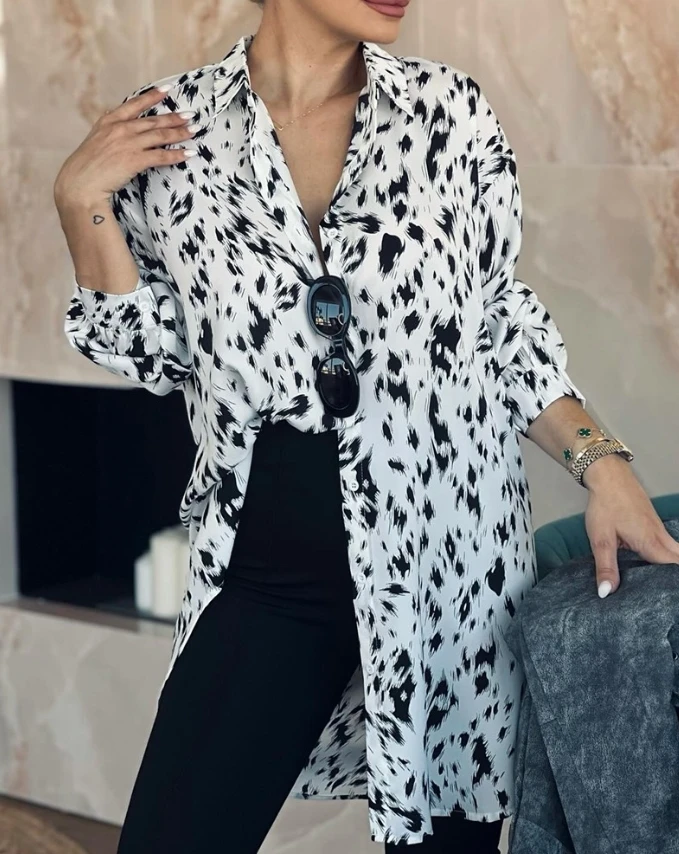 

Hot Selling 2024 Leopard Print Front Round Neck Long Sleeved Casual Women's Shirt Hot Selling Clothing