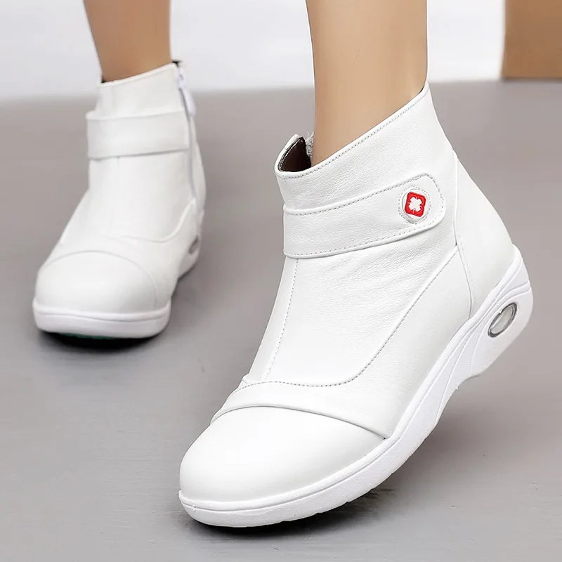 ZXRYXGS High Quality Cowhide White Boots Warm Nurse Shoes Woman Air Cushion Soles Soft Soles Comfortable Boots Winter Shoes 2023