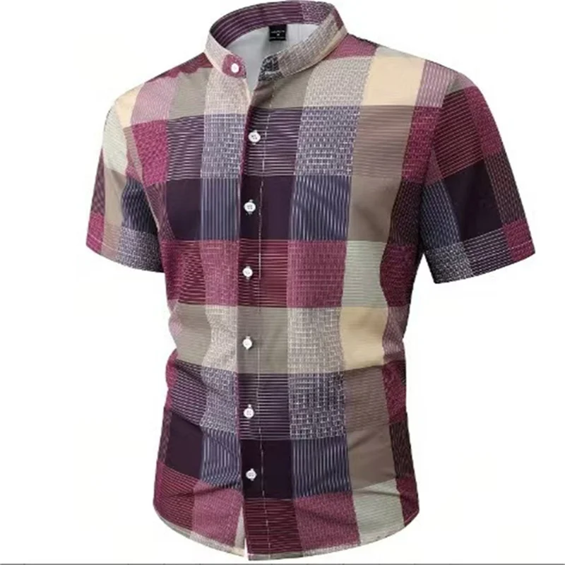 Men's Four-Way Stretch Stand Collar Summer Shirt Button-Up Checkered Short Sleeve Casual Everyday Clothing 5XL