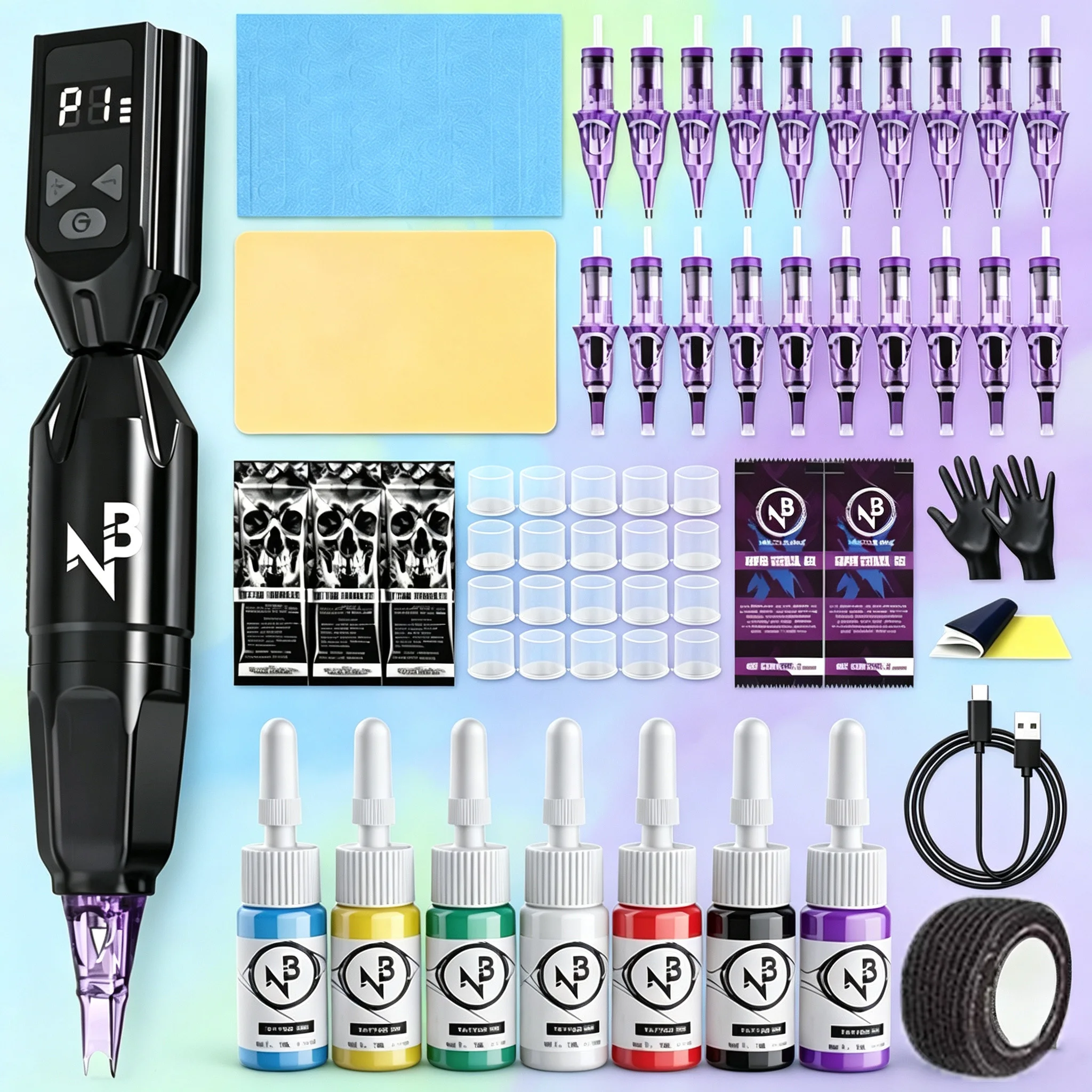 Tattoo Pen Kit with 1100mAh Tattoo Power Supply, 20Pcs Tattoo Cartridge Needles, 7 Colors Tattoo Pigment Inks & Various Auxiliary Tools, Tattoo Supplies for Beginners
