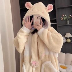 Autumn Winter Kawaii Cartoon Pajama Women Coral Velvet Warm Long Bathrobe Loungwear Sleepwear Girl Cute Hooded Homewear PJ Robe