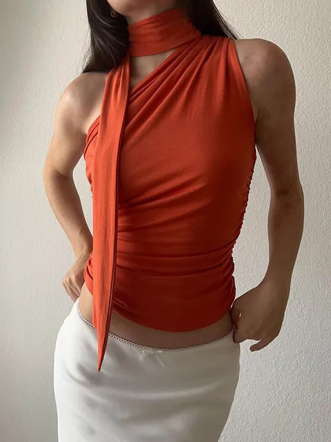 Bez pleców seksowny z odkrytymi ramionami podkoszulka bez pleców kobiet w stylu Vintage Crop Top bez rękawów Y2K Clothes Club w stylu Casual, letnia kobiet 2024
