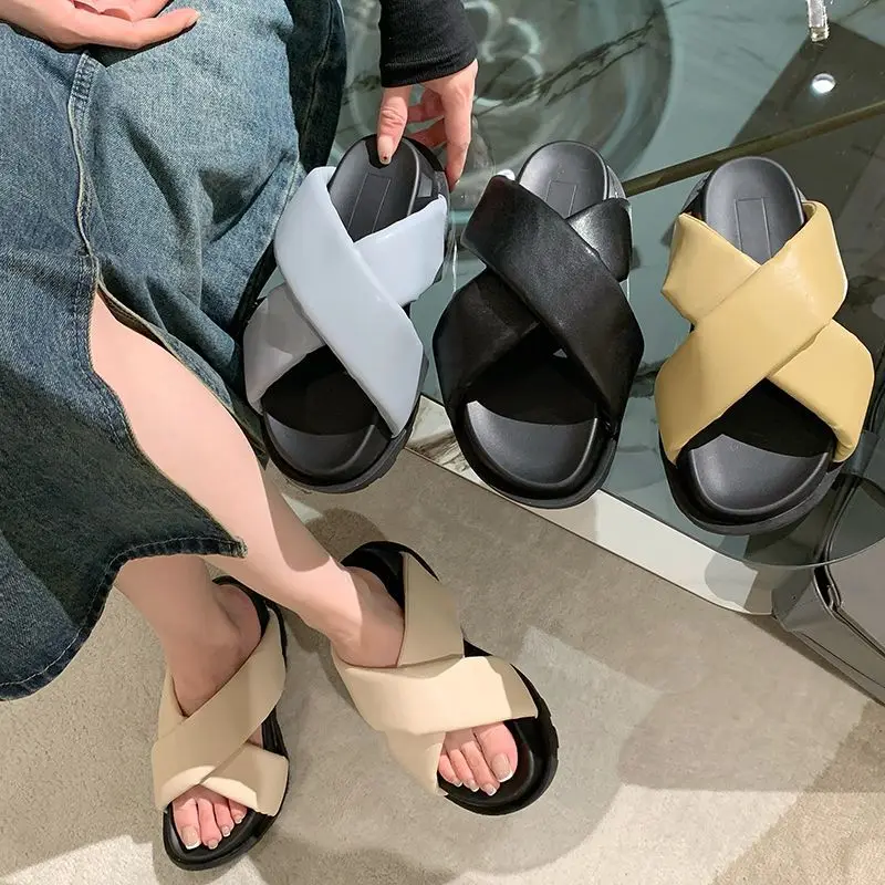 Summer Height Slides High Up to 5cm Heel Woman Slippers Off White Sandals Rubber Open Toe Shoes for Women 2024 Easy Wears Casual