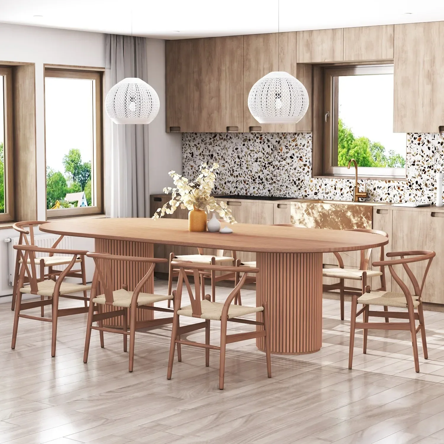 Nordic solid wood dining table family modern simple rattan dining table table chair combination B&B hotel