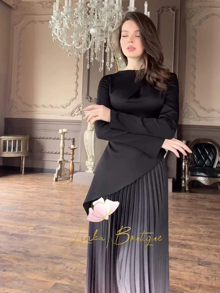 Street Tie-dyed Gradient Pleated Dresses Spring Women O-neck Long Sleeves Dress Autumn High Waist Big Swing Ankle Length Dress