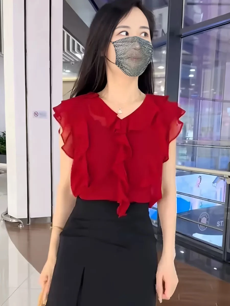 Faionable Chiffon irt for Women with Wood ain Ruffle Summer New Sle Slimming Agel Top Commute Loose Fit UV Protection