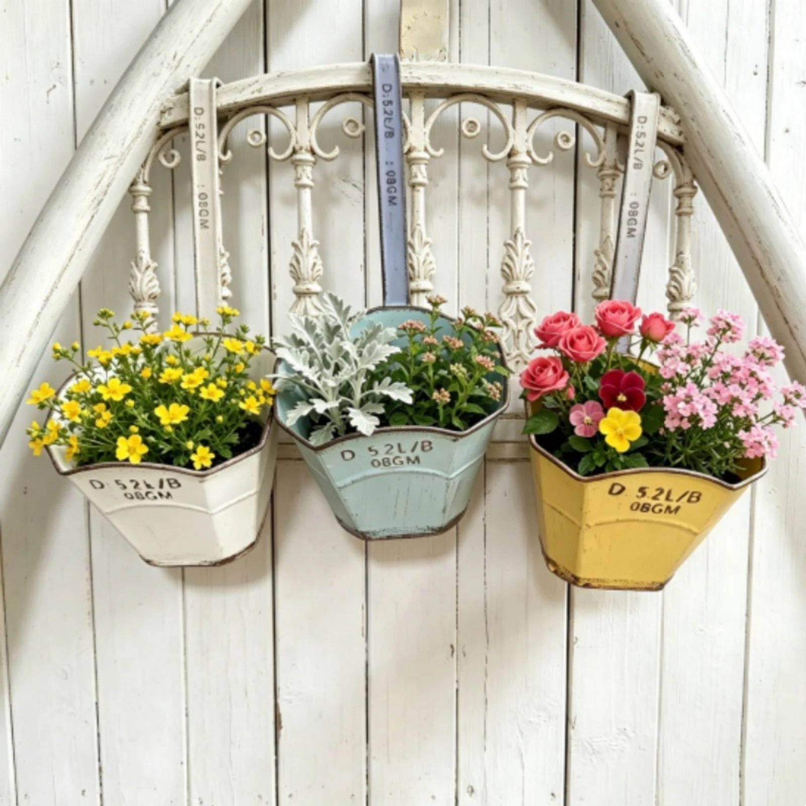 Wall Mounted Flower Pot Attached Hook Wall Hanging Planter Iron Flower Pot Rustic Vintage Home Decor Item Embossed Markings