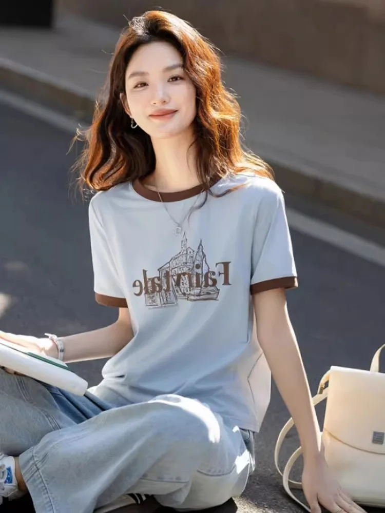 

Ele round Ne ort Sve T-irt Women's Loose Fit Commute Sle Korean Version Printed Silk Top Summer 2025