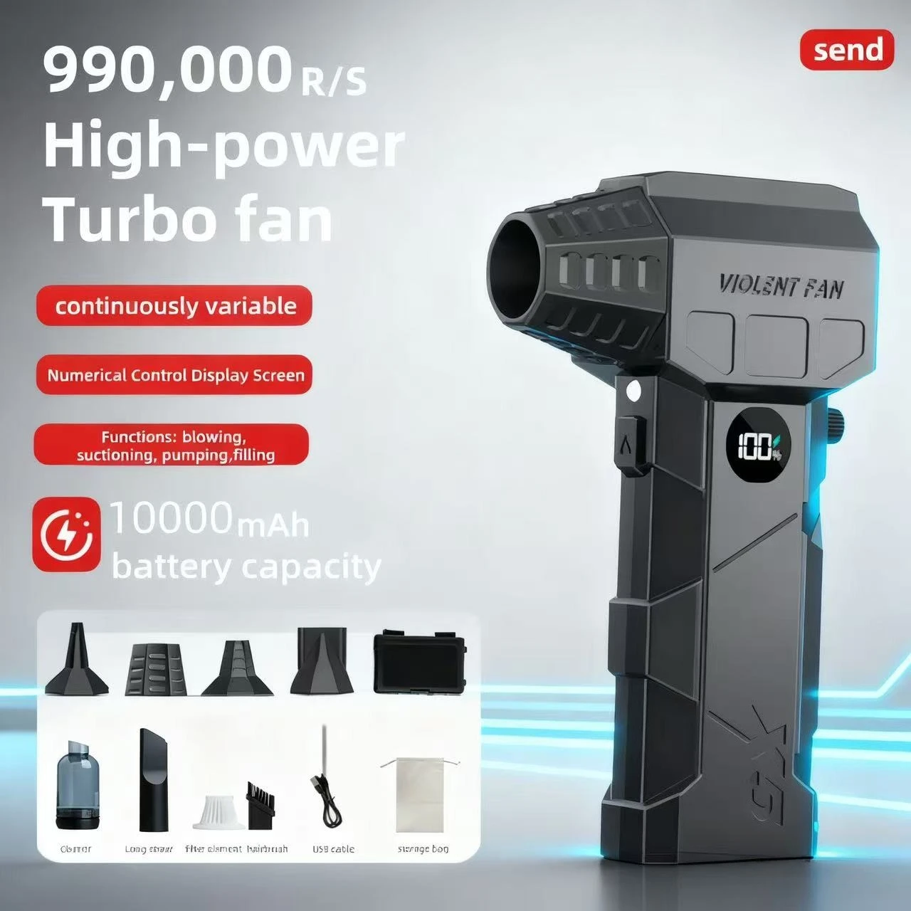 X5 MAX Turbo Jet Blower 990000RPM Motor Turbo Fan Wind Powerful Air Blower Brushless Speed 75m/s 10000mAh Strong wind force