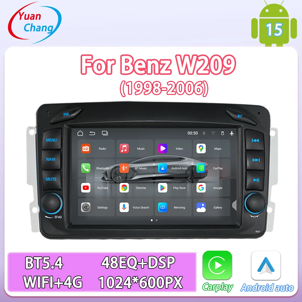 YuanChang Suitable for Mercedes Benz W209 7inch Car Multimedia Player Android15 Wireless CarPlay Android Auto BT GPS WIFI 4G