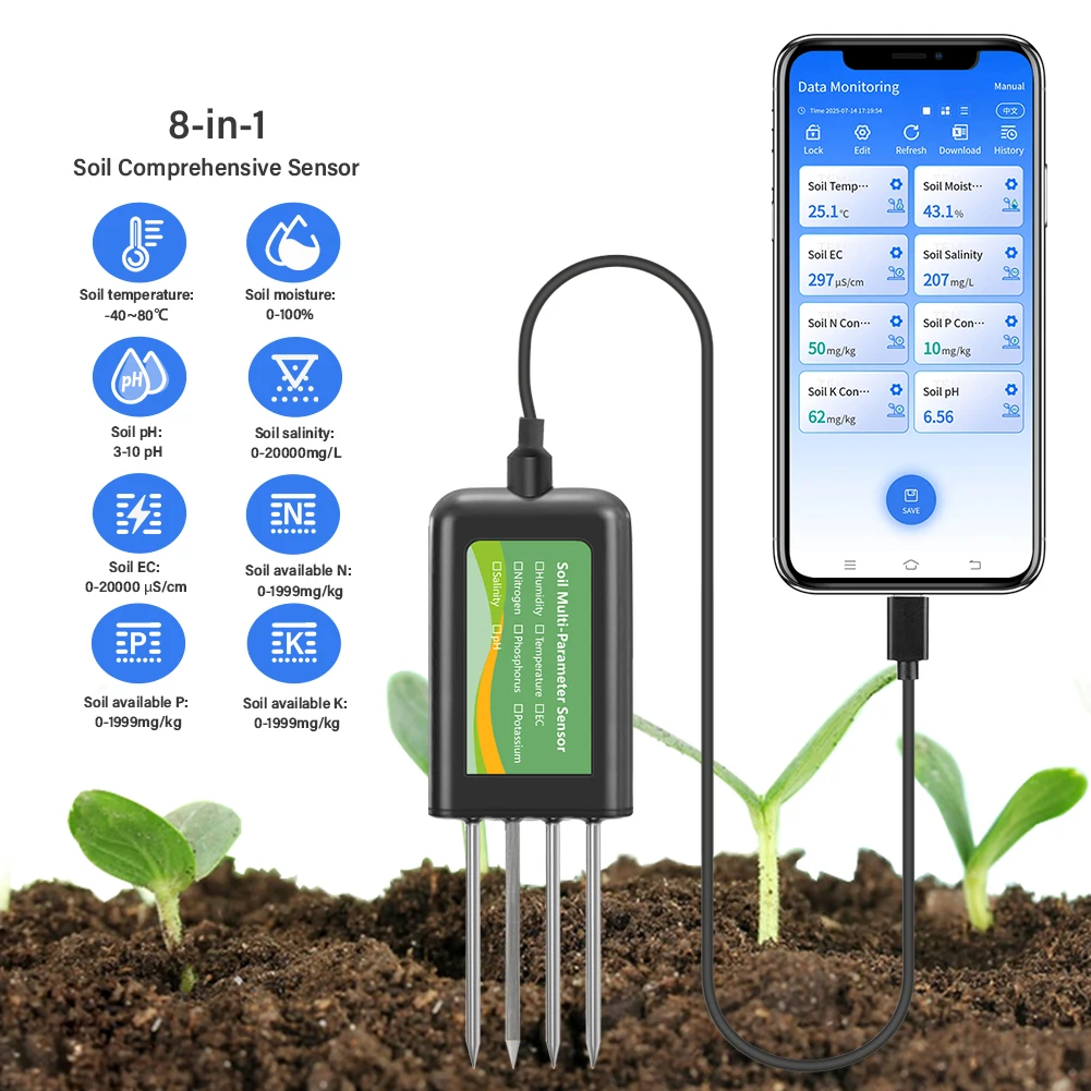 High Accuracy Soil Analyzer 8-in-1 Soil Sensor with USB for EC, PH, NPK, Moisture, Temperature & Salinity