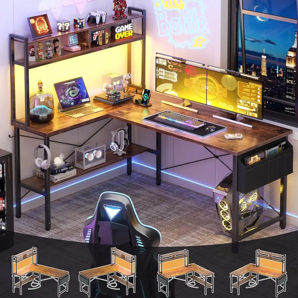 

Компьютерный стол L-образной формы со светодиодной подсветкой и розеткой, двусторонний стол для домашнего офиса, геймерский стол с полками, сумкой для хранения и Hoo