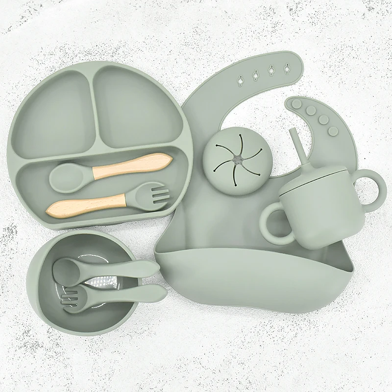 8/9/11pcs Baby Silicone Feeding Tableware Set Smile Sucker Plate Big Ear Water Cup Nipple Storage Bag Child Dishes BPA Free