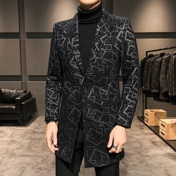 Fashion Men's Woolen Coats Casual Top Slim Windbreaker Outwear Mid-Length Striped Overcoat Youth Korean Style Long Trench Jacket