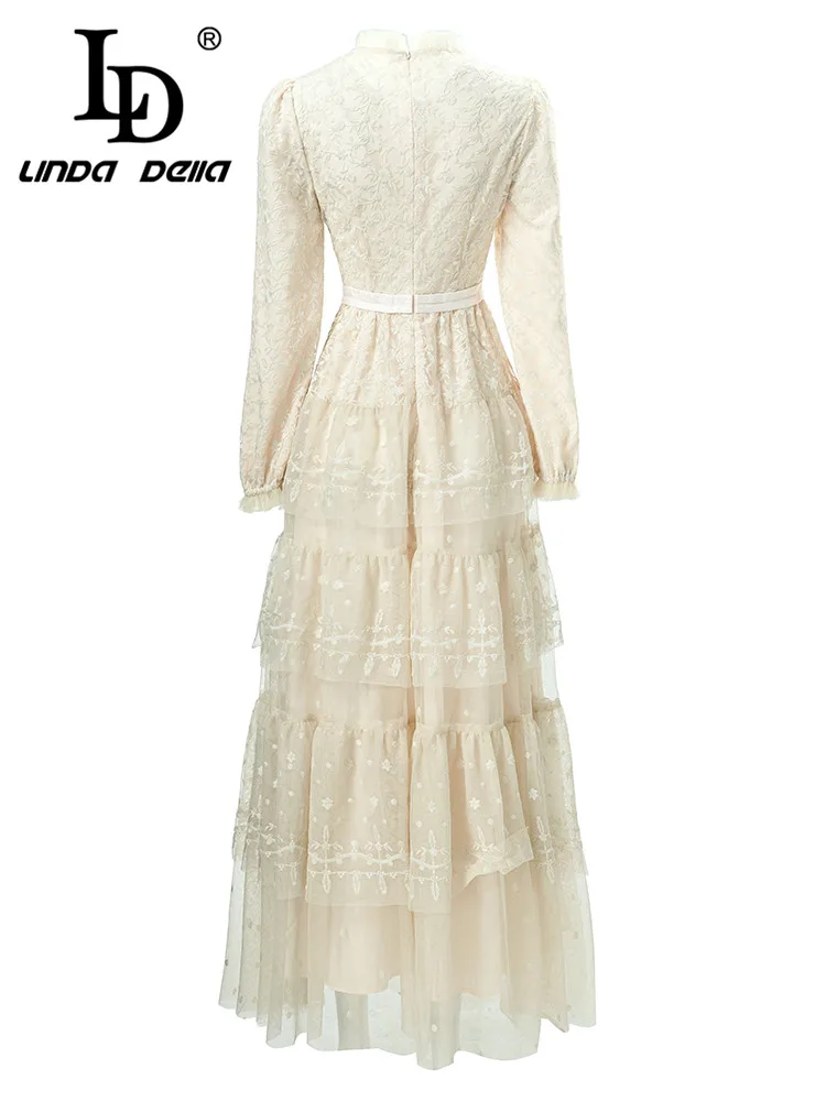 LD LINDA DELLA Autumn New Style Elegant Party Dress Women's White Print Cascading Ruffle Splice High Waist Lace Long Dress