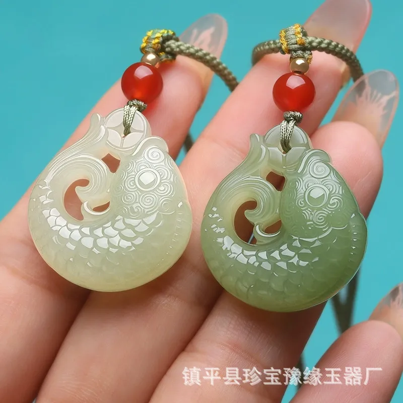 Natural Hetian Jade Koi Lake Green Goldfish Necklace Yearly Prosperity Pendant Unisex