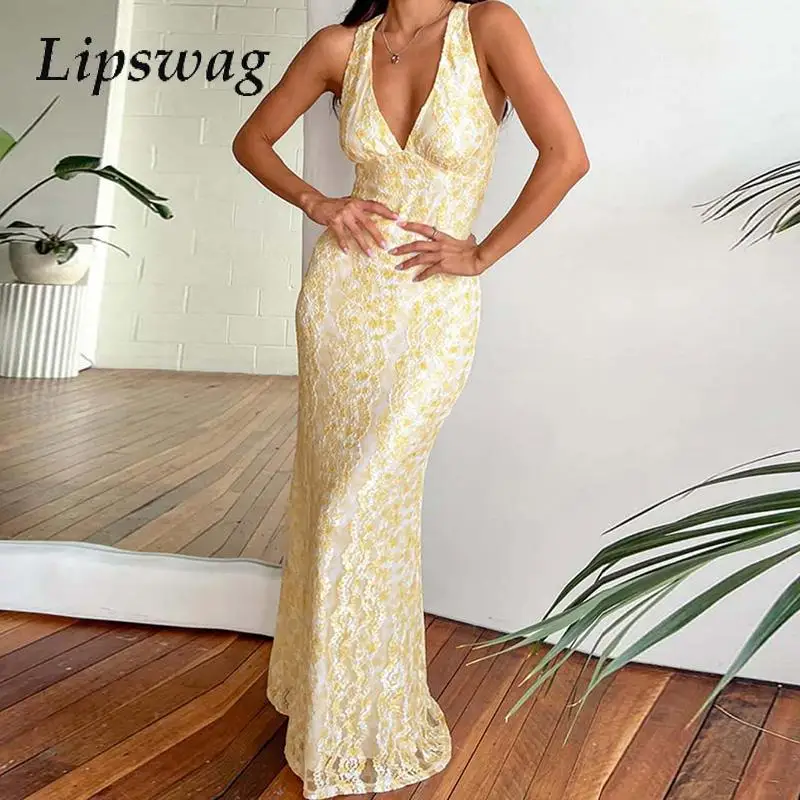

Summer Elegant V-neck Wrap Hip Dress Women Fashion Pattern Print Slim Long Dress Sexy Sleeveless Backless Hollow Out Party Dress
