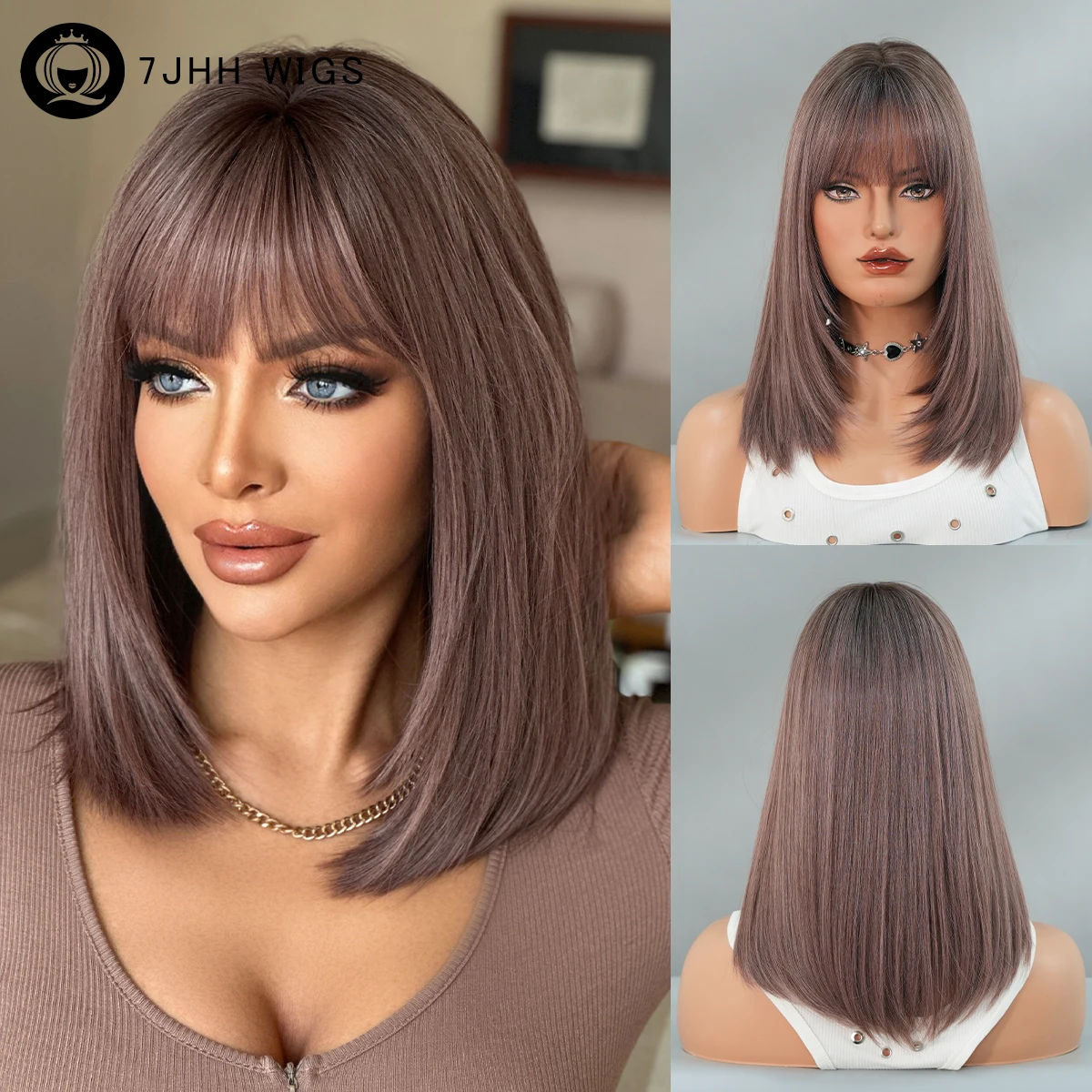 7JHH WIGS Schulterlange, glatte, violette Perücke für Damen, hochdichte synthetische Perücke für den Alltag, sofort tragbar, mit ordentlichem Pony