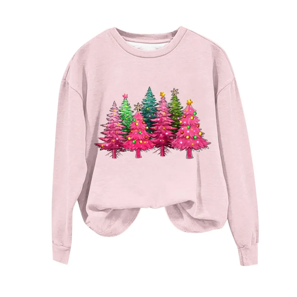 Fashion Christmas Tree Print Hoodie For Woman Autumn Winter Long Sleeves O-neck Leisure Comfortable Pullover Hoodies Women