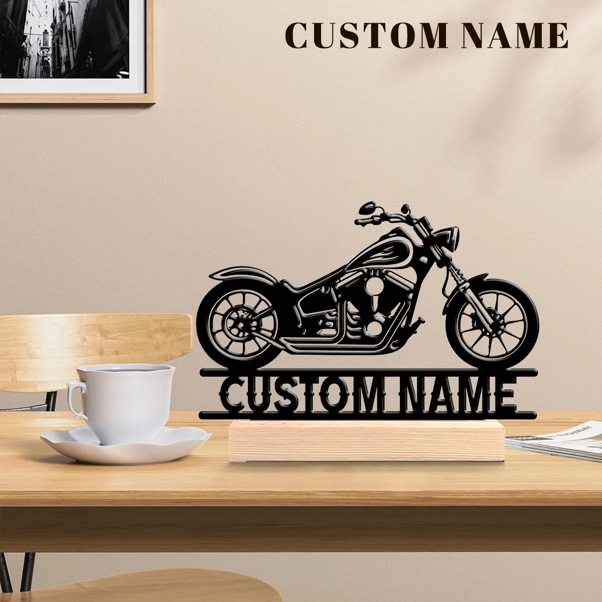 1Pc Csutom Name Road Motorbike Wooden Base Metal Art Ornament,Home Office Hotel Cafe Club Decor,Gift for Family Friends view 5
