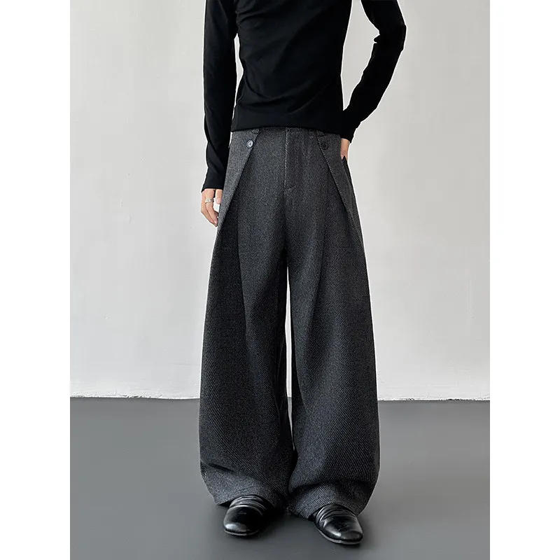 

Autumn Winter Men's Thi Wide Leg Pants Retro High Quali Woolen Trousers with 3D Pleats And Knife ape Cuffed Trousers
