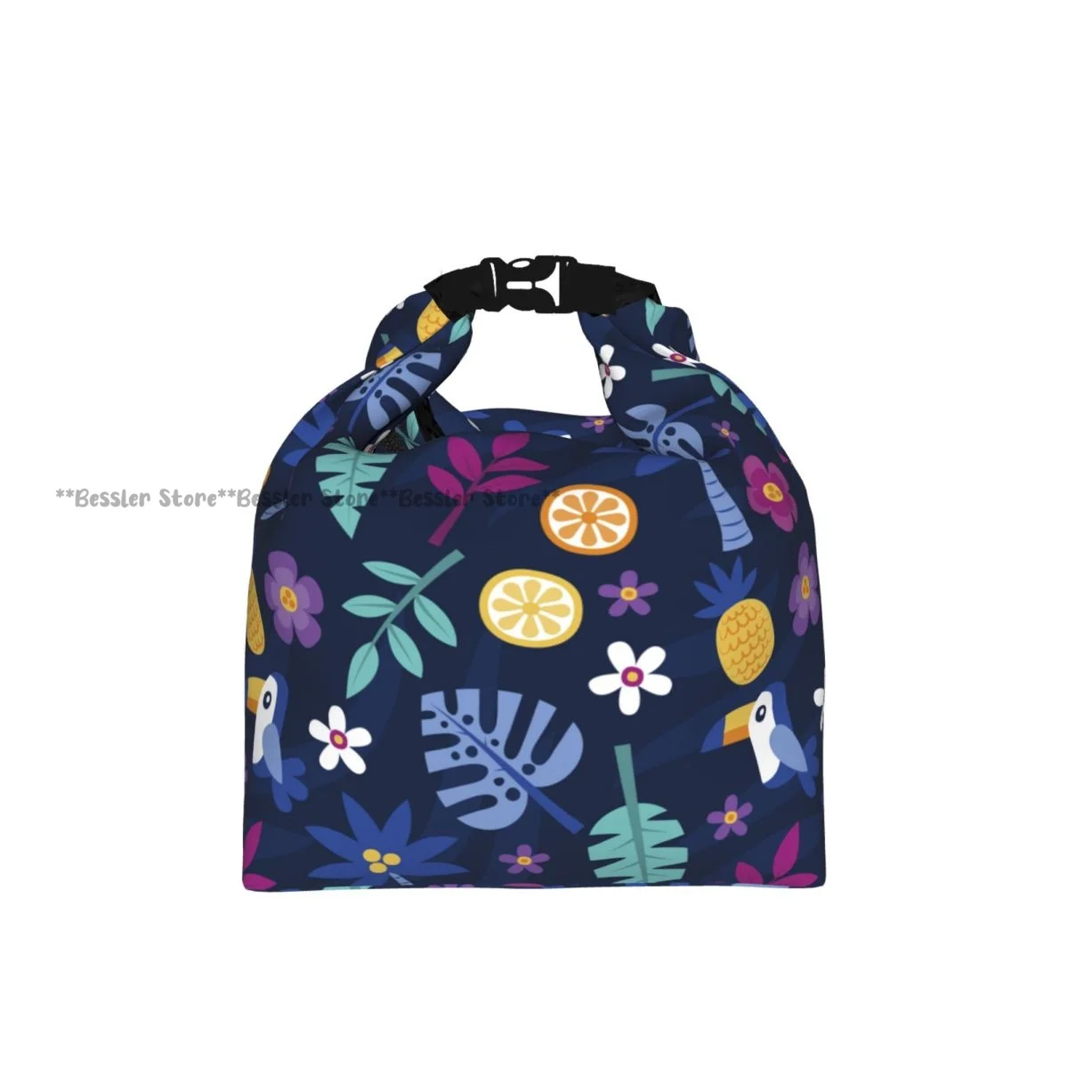 Roll Top Insulated Lunch Bag Tropical Flower Leaves Thermal Food Storage Bag Portable Bento Handbag for Daily Use