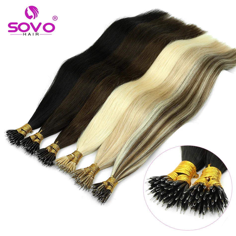 SOVO-Remy extensões de cabelo humano, anéis nano, loira natural, micro talão loop, pré ligado, europeu, reto, 100 fios