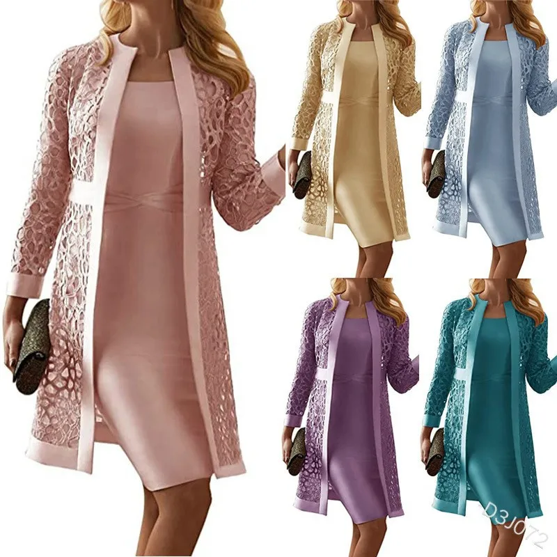 2 Pieces Women Sets 2026 New Lace Cardigan Top + Solid Color Long Sleeve Dresses Two Pieces Sets Women's Clothing view 3