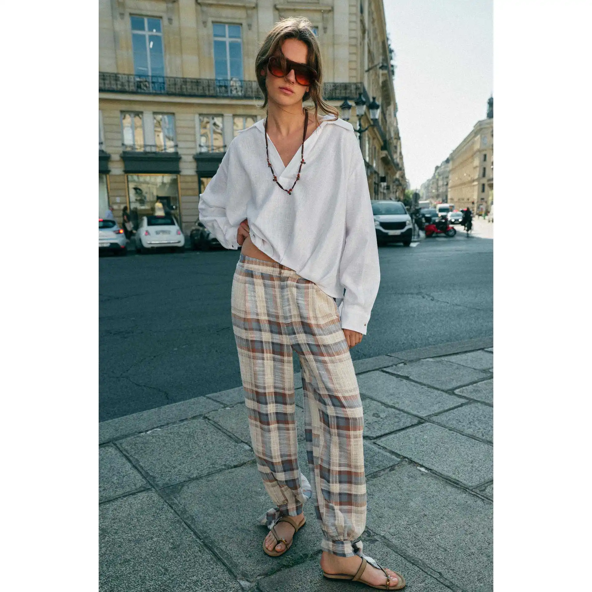 Vintage Style Women's Lantern Pants Checkered  Knot Versatile Personality 7831105 Autumn Natural Waist Polyester