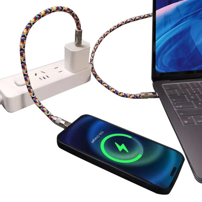 Colorful Weaving Phone Lanyard Data Line 2 in 1 PD60W USB C to USB C Charging Cable Wire Equipped Zinc Alloy Lock Buckle