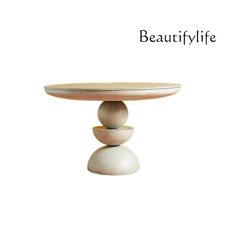 

Light luxury solid wood round dining table French simple old solid wood dining table Nordic round dining table