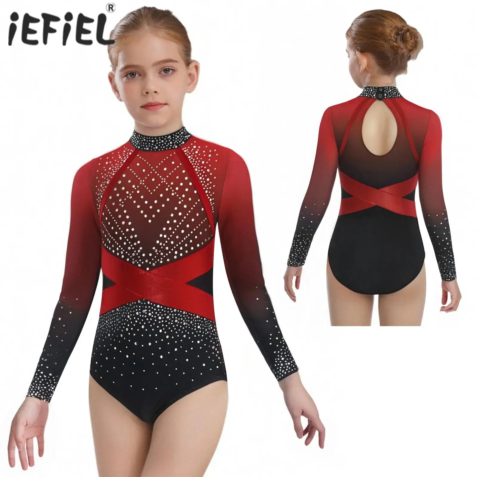 

Kids Girls Gymnastics Swimsuit for Ballet Dancing Shiny Faux Diamonds Rhinestone Figure Skating Bodysuit Dance Leotards Costumes