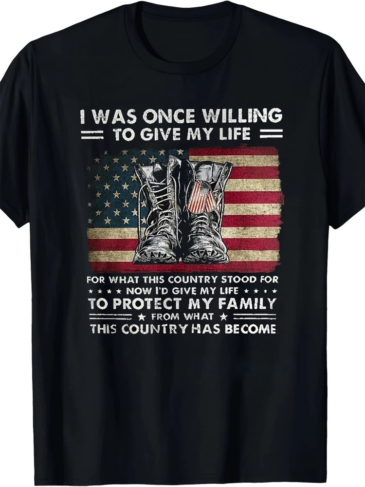 Patriotic Military Graphic - American Flag & Combat Boots pattern design -100% cotton  short  O-neck printed men's T-shirt.