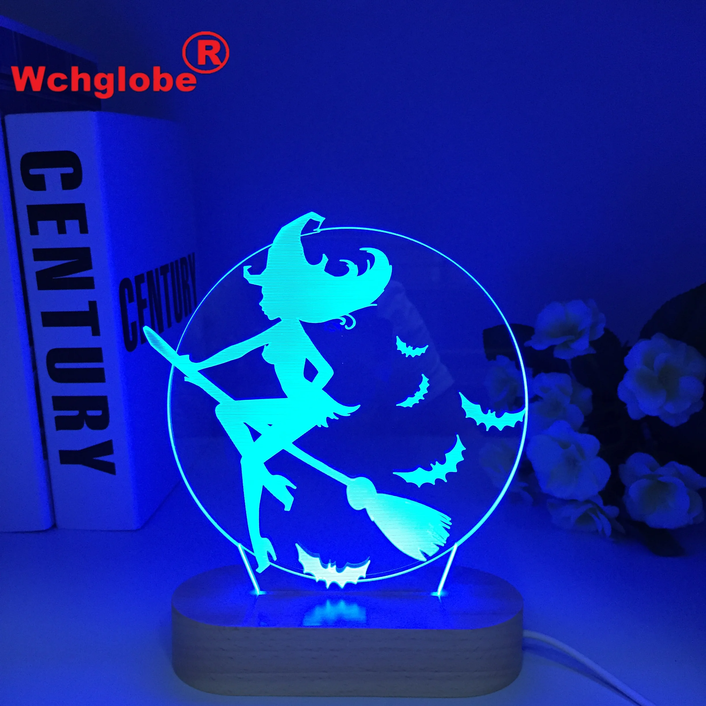 Wood Halloween Bat Witch Acrylic Colors Changing 3D LED Nightlight Bedroom Lamp Living Room Lights Decoration Touch 3D LED Lamp