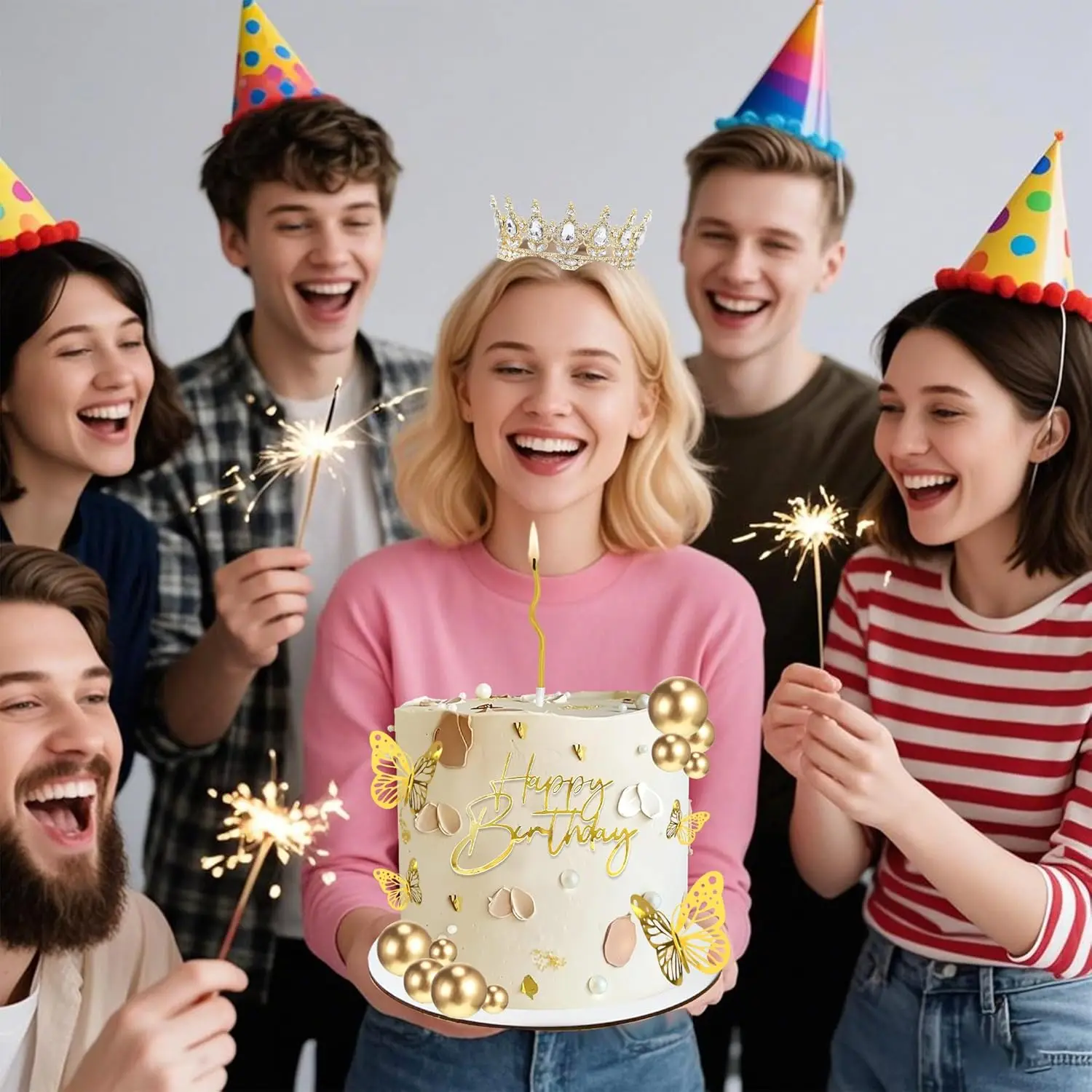 Kronen-Kuchenaufsatz, Kugeln, alles Gute zum Geburtstag, Kuchenaufsätze mit Kerzen, goldene Schmetterlinge, Kuchendekorationen für Hochzeit, Babyparty, Party – Detail 9