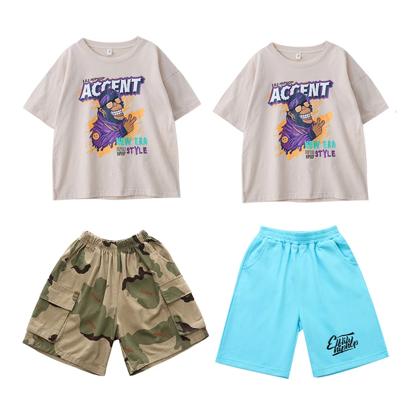 Girls Boys Jazz Dance Costumes Kids Hip Hop Clothes Short Sleeved Top Camouflage Shorts Kpop Outfit Street Dancewear SL7077