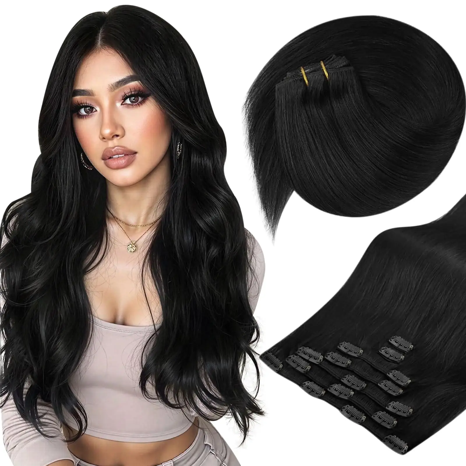 

Накладные волосы на заколке на заказ, 100% человеческие волосы, 7 шт., прямые волосы, уток вашего цвета, длина, вес