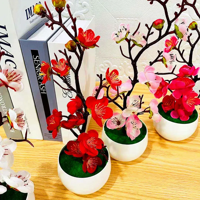 1pc Chinese Style Simulation Wintersweet With Flower Pot, Suitable For Living Room, Cabinet, Table Decoration