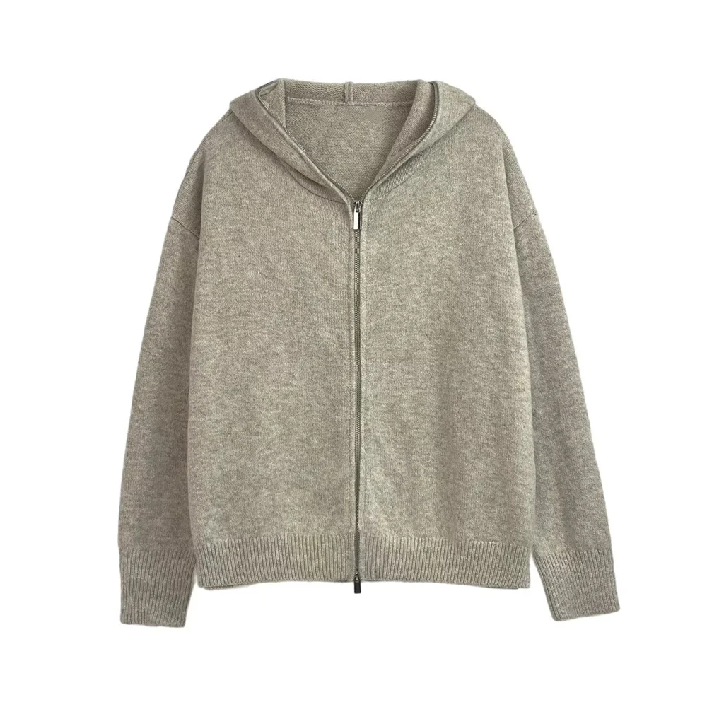 

New autumn and winter women's fashion versatile knitted loose zipper decoration casual hooded jacket