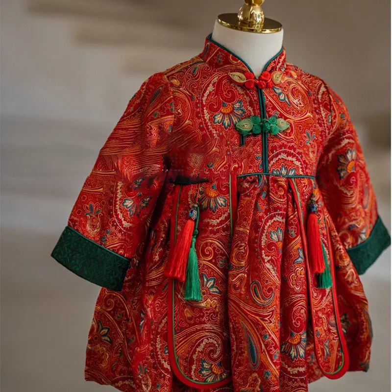 

New baby girl birthday dress spring children grab week birthday dress high-end Chinese Tang style cheongsam foreign style