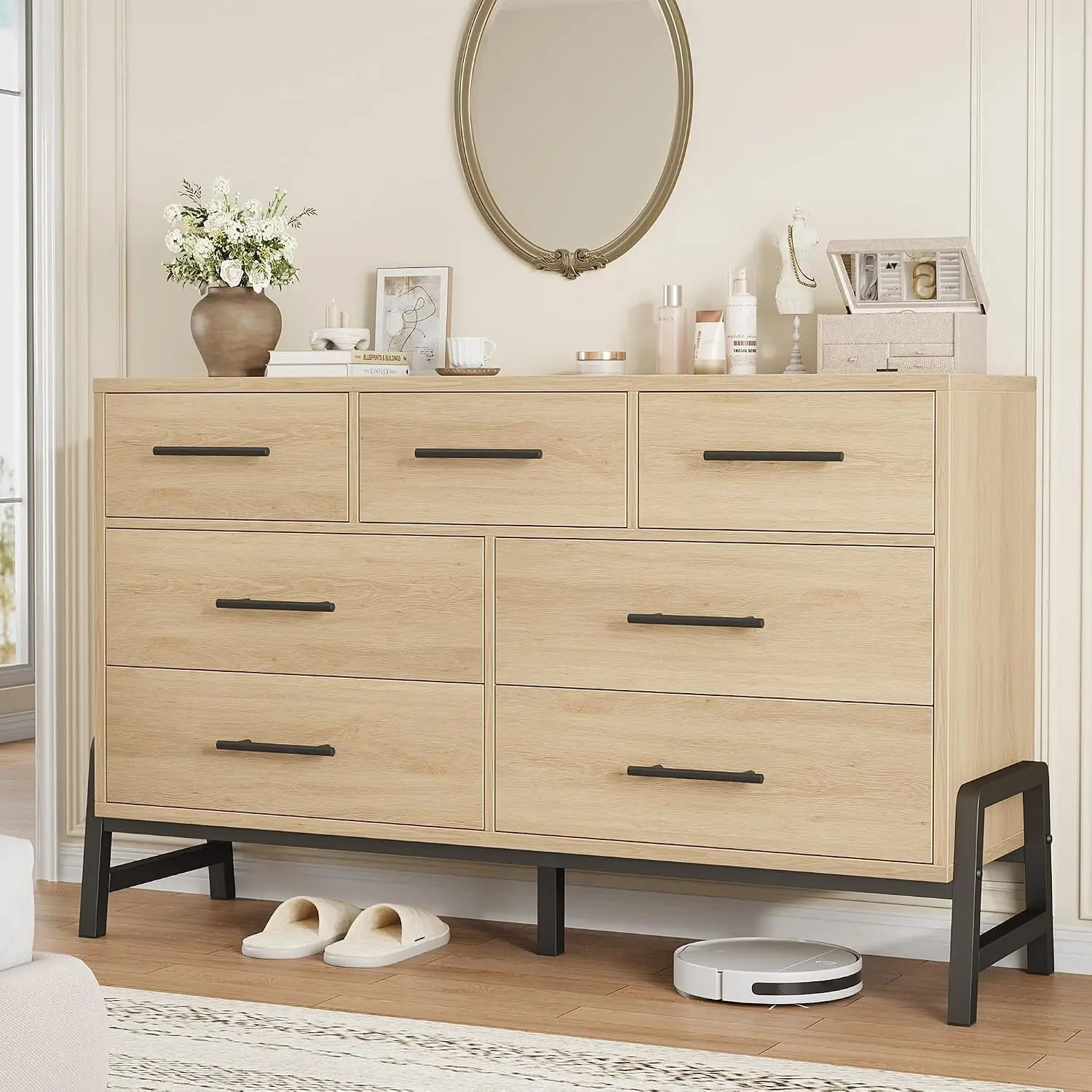 Garvee 7 Dresser for Bedroom 52 inch Wide Drawer with Large Storage Space Freestanding Wooden Closet Storage Dresser Chest for Living Room, Bedroom, Entryway
