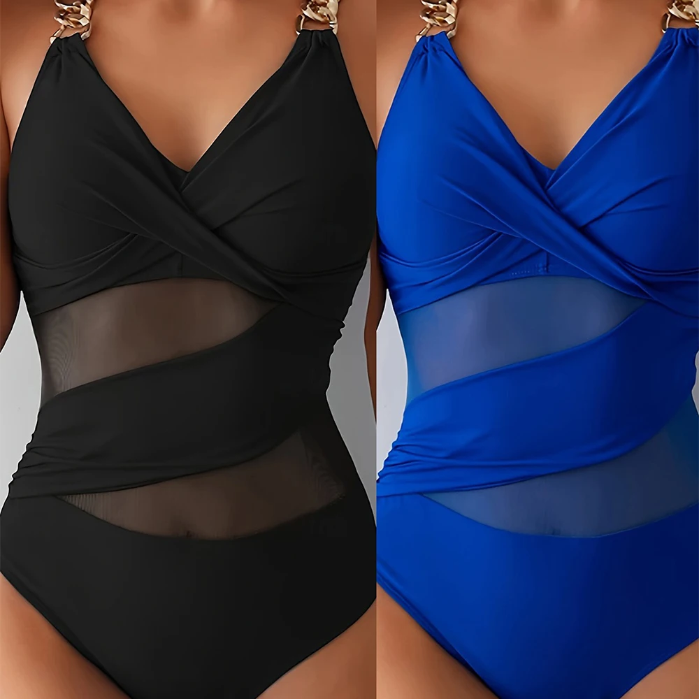 

Women Swimwea Mesh Swimsuit One Piece Sexy Vintage Black V-Neck Solid Color Swim Suit Hollow Mesh Patchwork Triangle Swimsuit