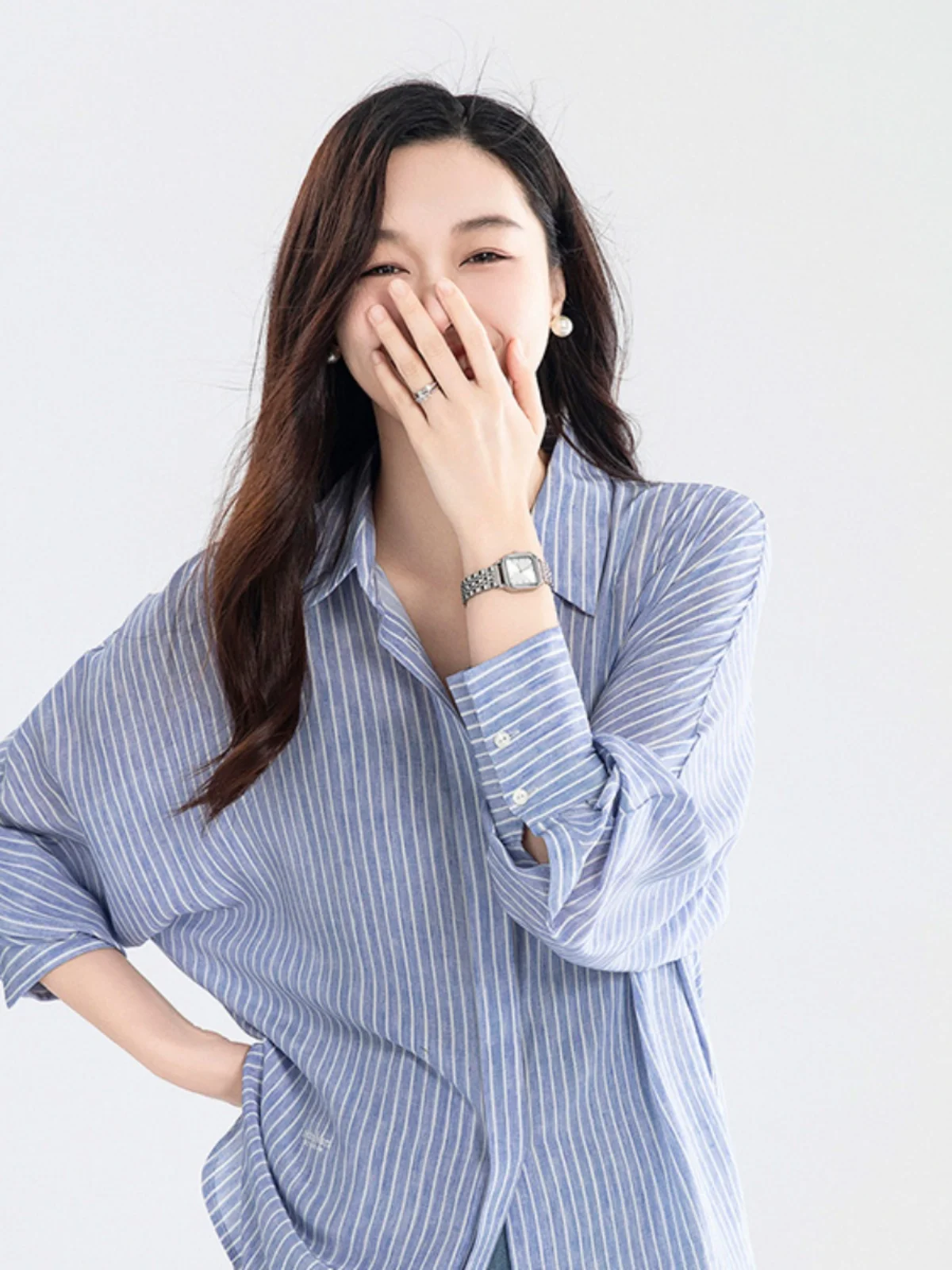 

Шелковая блузка Hooton 6 момме с полосатым логотипом, женская, свободного кроя, длинный рукав, охлаждающий эффект, весенняя коллекция, универсальная, классическая