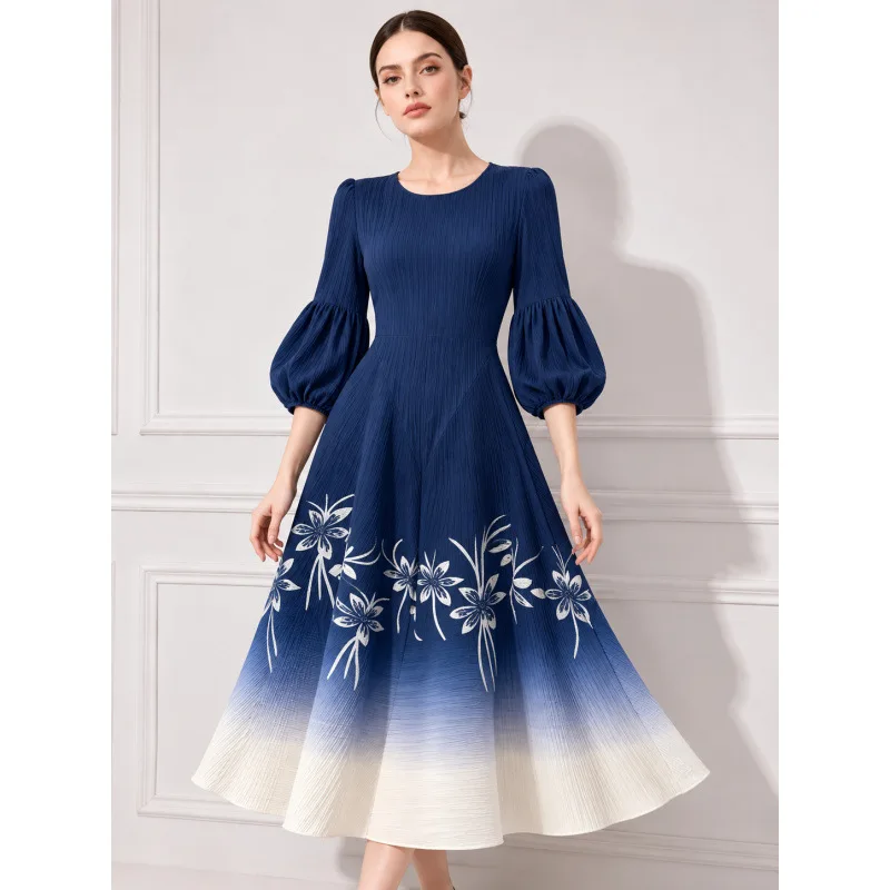 Miyake Pleated Round Neck Lantern Sleeve Dress Women's Print Gradual Change Pendulum Elegant Medium and Long Dress 2026 New