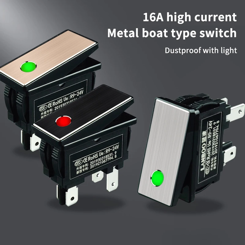 1PC 220V Marine LED Metal Rocker Switch With Dot Light KCD3 Aluminum IP65 Toggle Switch Panel Color Random
