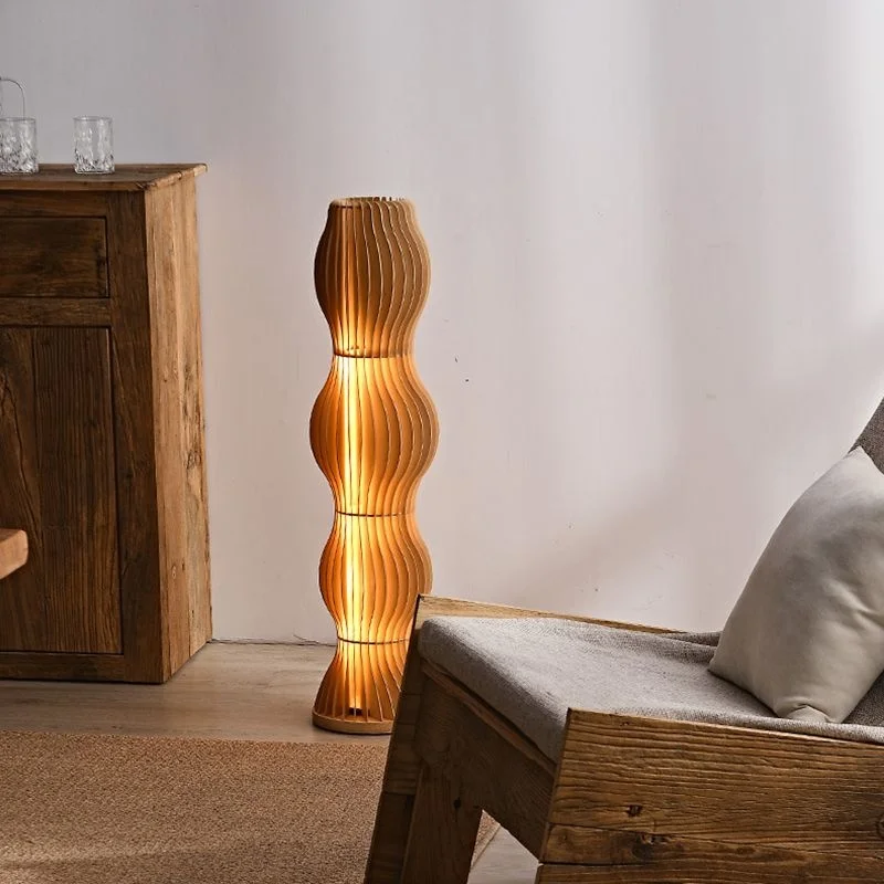 Handmade Solid Wood Craft Floor Lamp Wavy Slat Ribbed Design Natural Oak Modern Freestanding Decor Lighting